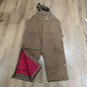 Carhartt Men's Canvas Quilt Lined Zip To Thigh Bib Overalls R41 Brown Size 50x25